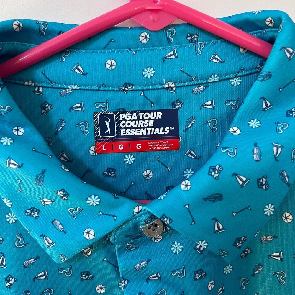 PGA TOUR COURSE ESSENTIALS Men's Golf Polo Shirt Size Large Teal Blue Patterned - Picture 2 of 15